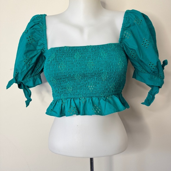 Zara Smocked Cropped Top Eyelet Ruffle Trim Green Puff Sleeve Boho Square Sz XS - Picture 2 of 14